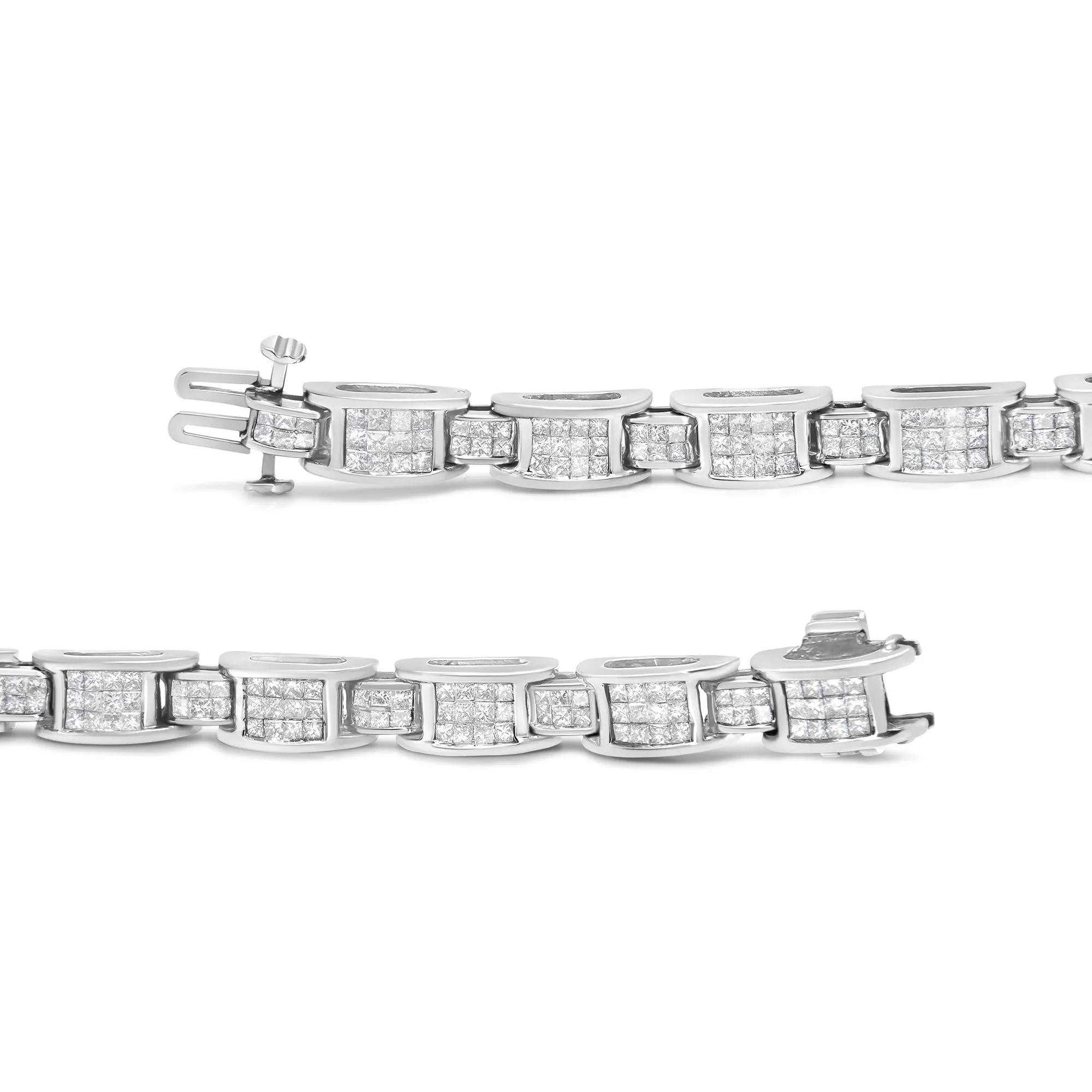 14K White Gold 5.0 Cttw Princess Cut Diamond Invisible Set Alternating Size D Shaped Links Tennis Bracelet (H-I Color, S