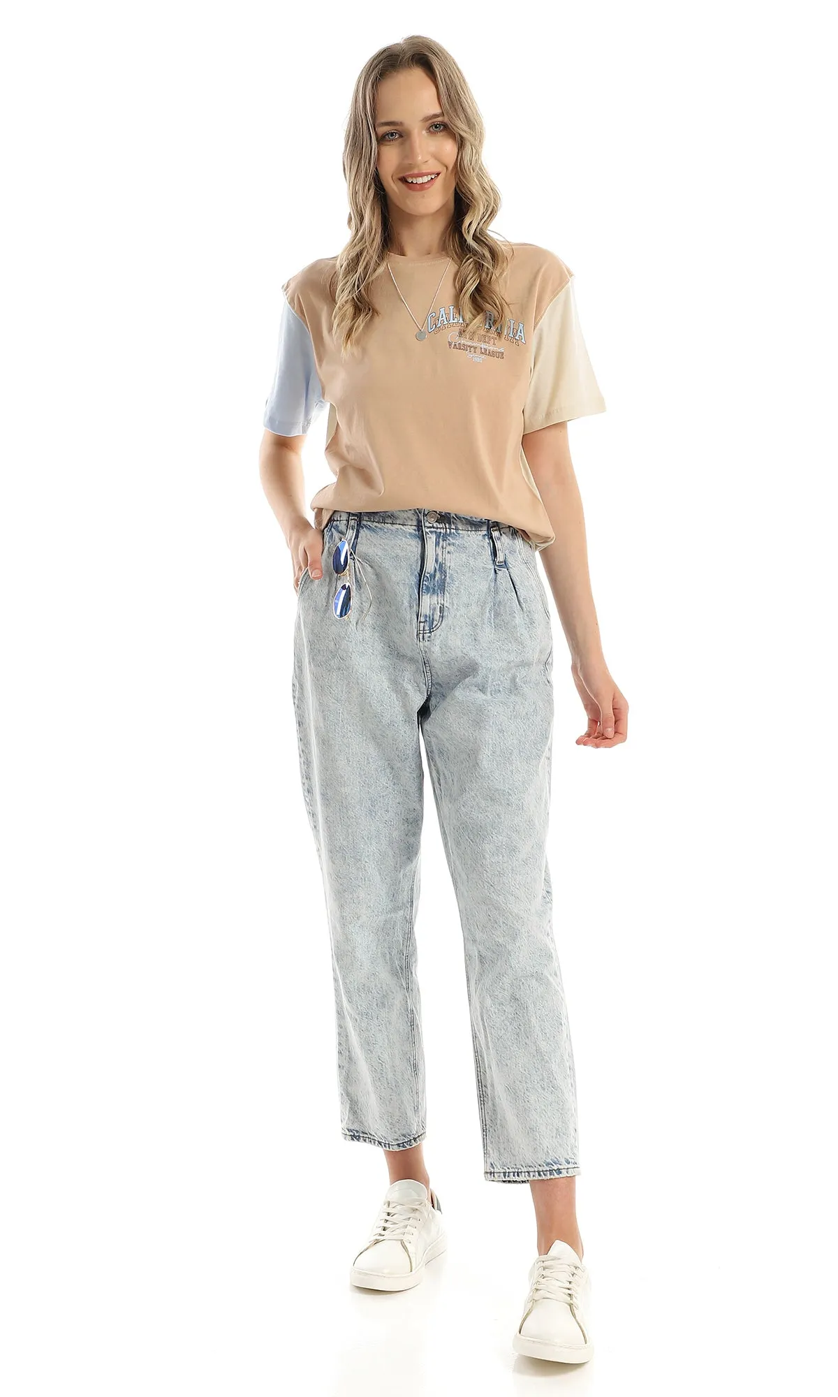 97799 Tri-Tone Cotton Summer Long Tee - Beige, Nude & Baby Blue