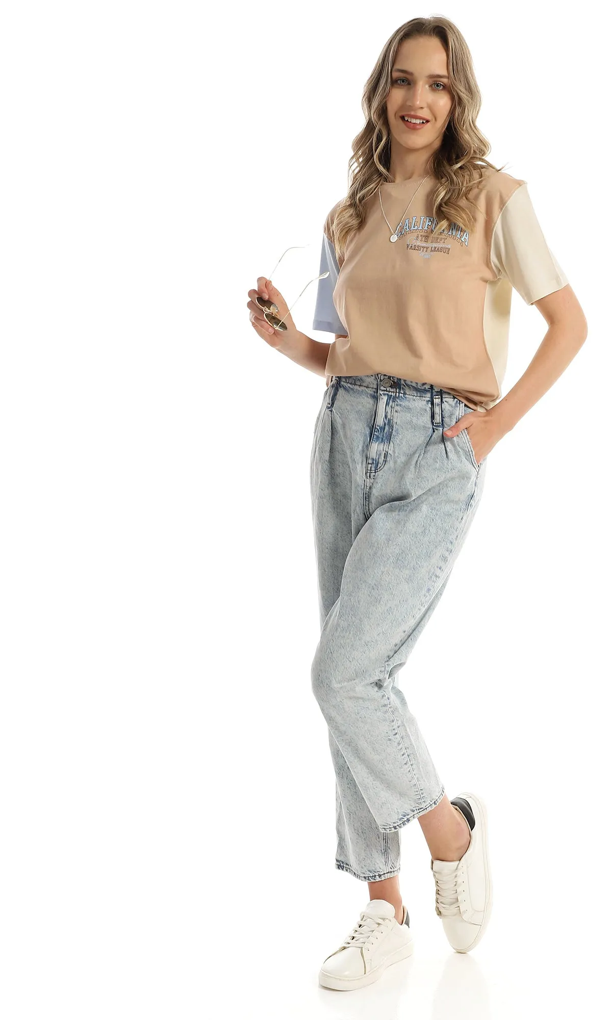 97799 Tri-Tone Cotton Summer Long Tee - Beige, Nude & Baby Blue