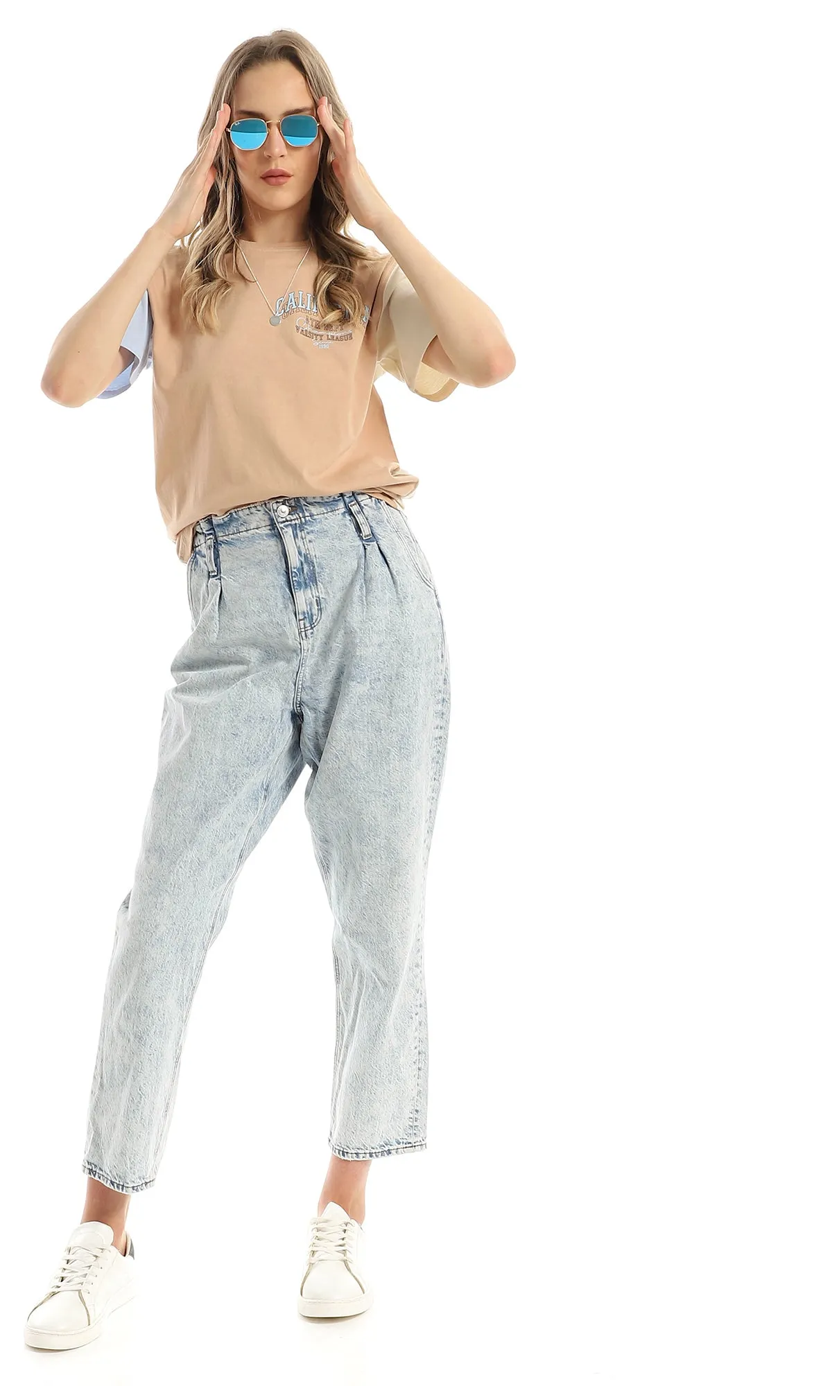 97799 Tri-Tone Cotton Summer Long Tee - Beige, Nude & Baby Blue