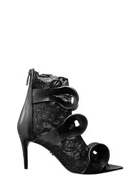ALIX 80 BLACK LEATHER & BLACK LACE SANDALS