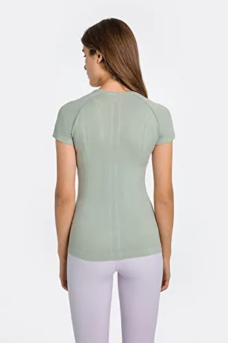 altiland Seamless Workout T Shirts for Women, Breathable Short Sleeve Yoga Tops, Athletic Gym Shirts (Airy Blue,S)