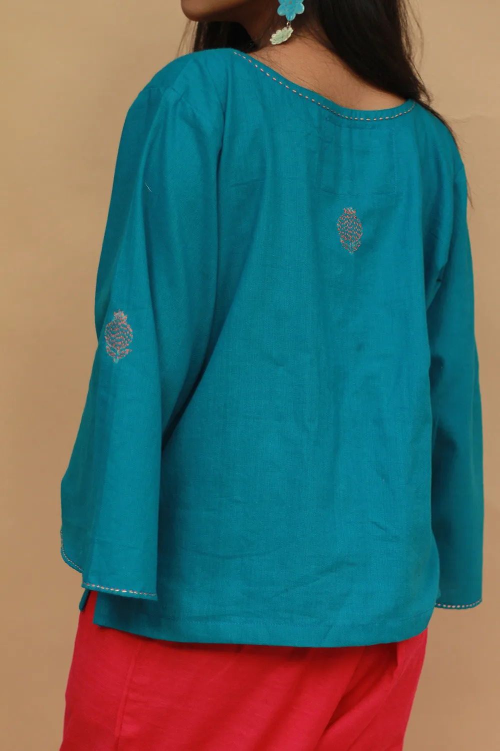 Ambrai |  Embroidered Cotton Shirt | Azure Blue