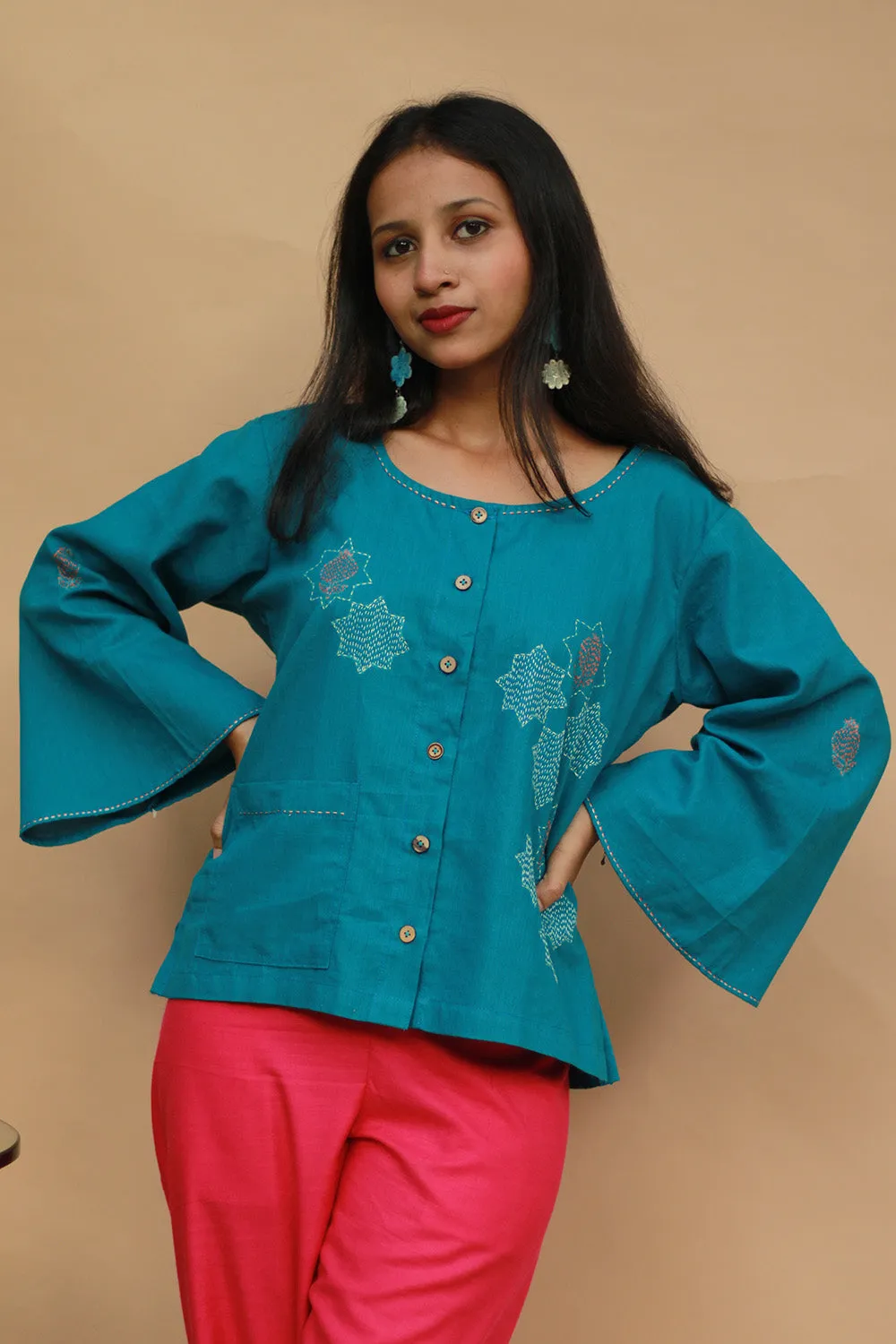 Ambrai |  Embroidered Cotton Shirt | Azure Blue