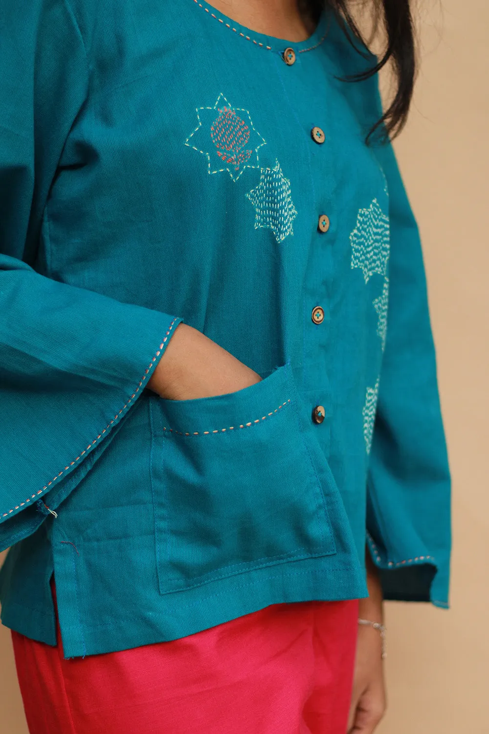 Ambrai |  Embroidered Cotton Shirt | Azure Blue