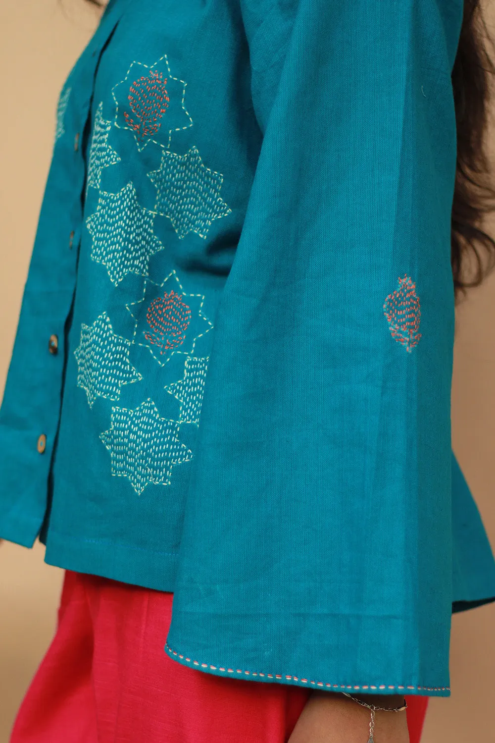 Ambrai |  Embroidered Cotton Shirt | Azure Blue