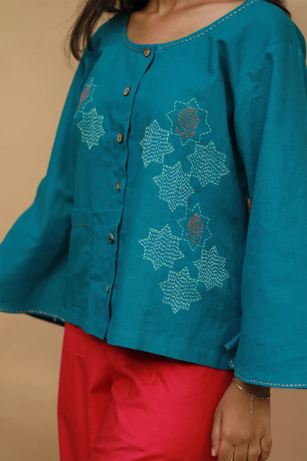 Ambrai |  Embroidered Cotton Shirt | Azure Blue