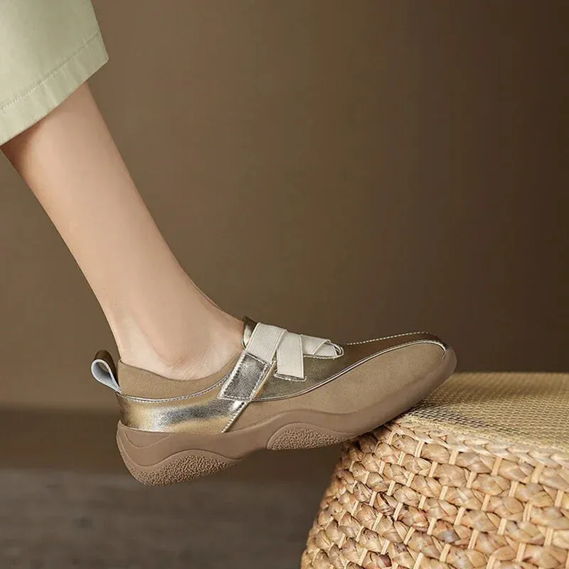 binfenxie NEW Autumn Women Shoes Split Leather Shoes for Women Round Toe Thick Heel Shoes Mixed Colors Hook&loop Sneakers German Trainer