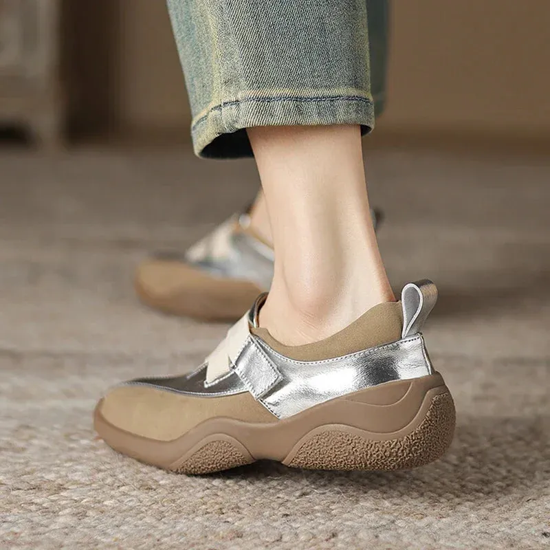 binfenxie NEW Autumn Women Shoes Split Leather Shoes for Women Round Toe Thick Heel Shoes Mixed Colors Hook&loop Sneakers German Trainer