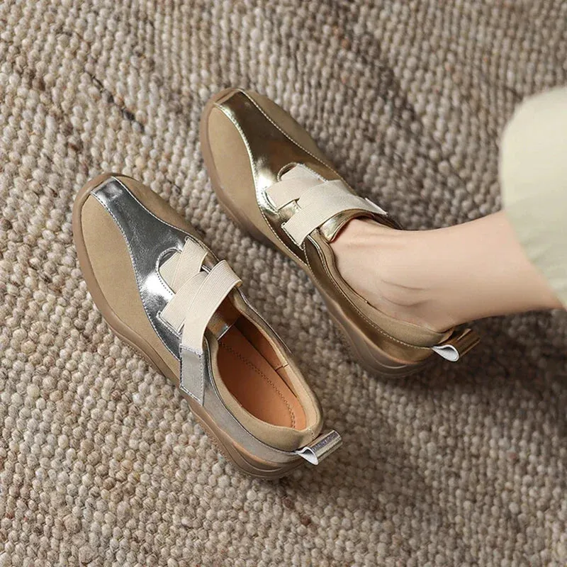 binfenxie NEW Autumn Women Shoes Split Leather Shoes for Women Round Toe Thick Heel Shoes Mixed Colors Hook&loop Sneakers German Trainer