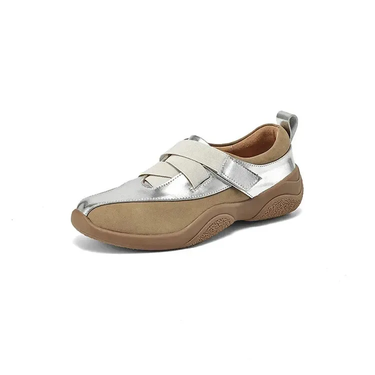binfenxie NEW Autumn Women Shoes Split Leather Shoes for Women Round Toe Thick Heel Shoes Mixed Colors Hook&loop Sneakers German Trainer