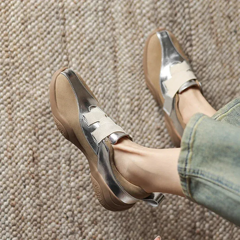 binfenxie NEW Autumn Women Shoes Split Leather Shoes for Women Round Toe Thick Heel Shoes Mixed Colors Hook&loop Sneakers German Trainer