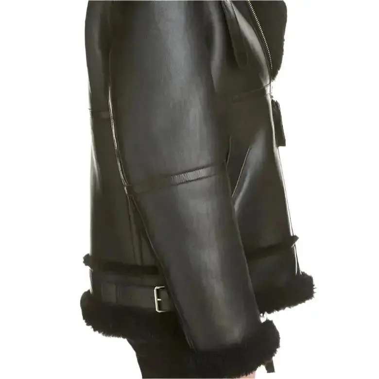 Black Aviator B-3 Sherpa Leather Jacket for Women - Warm & Stylish