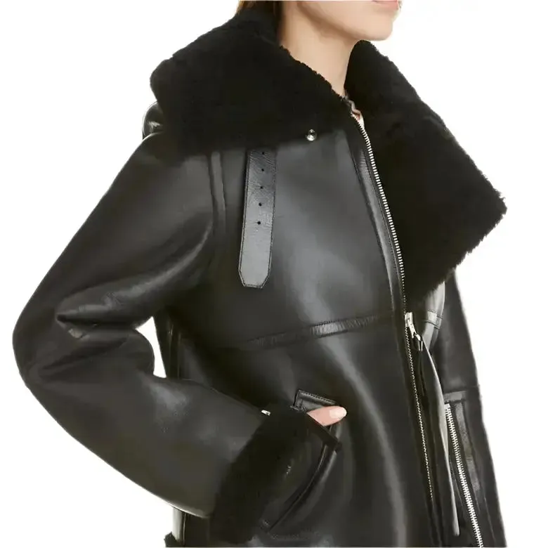 Black Aviator B-3 Sherpa Leather Jacket for Women - Warm & Stylish