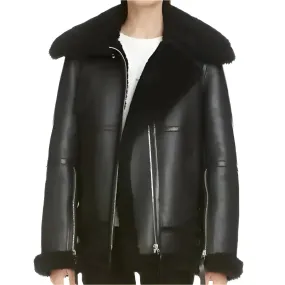 Black Aviator B-3 Sherpa Leather Jacket for Women - Warm & Stylish