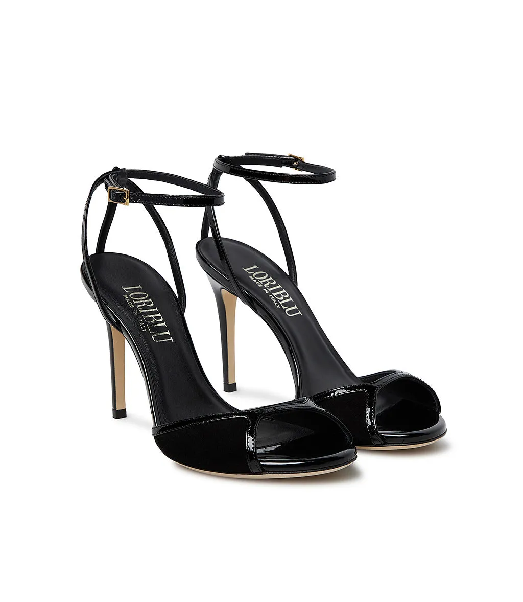 Black pantent and suede leather sandals