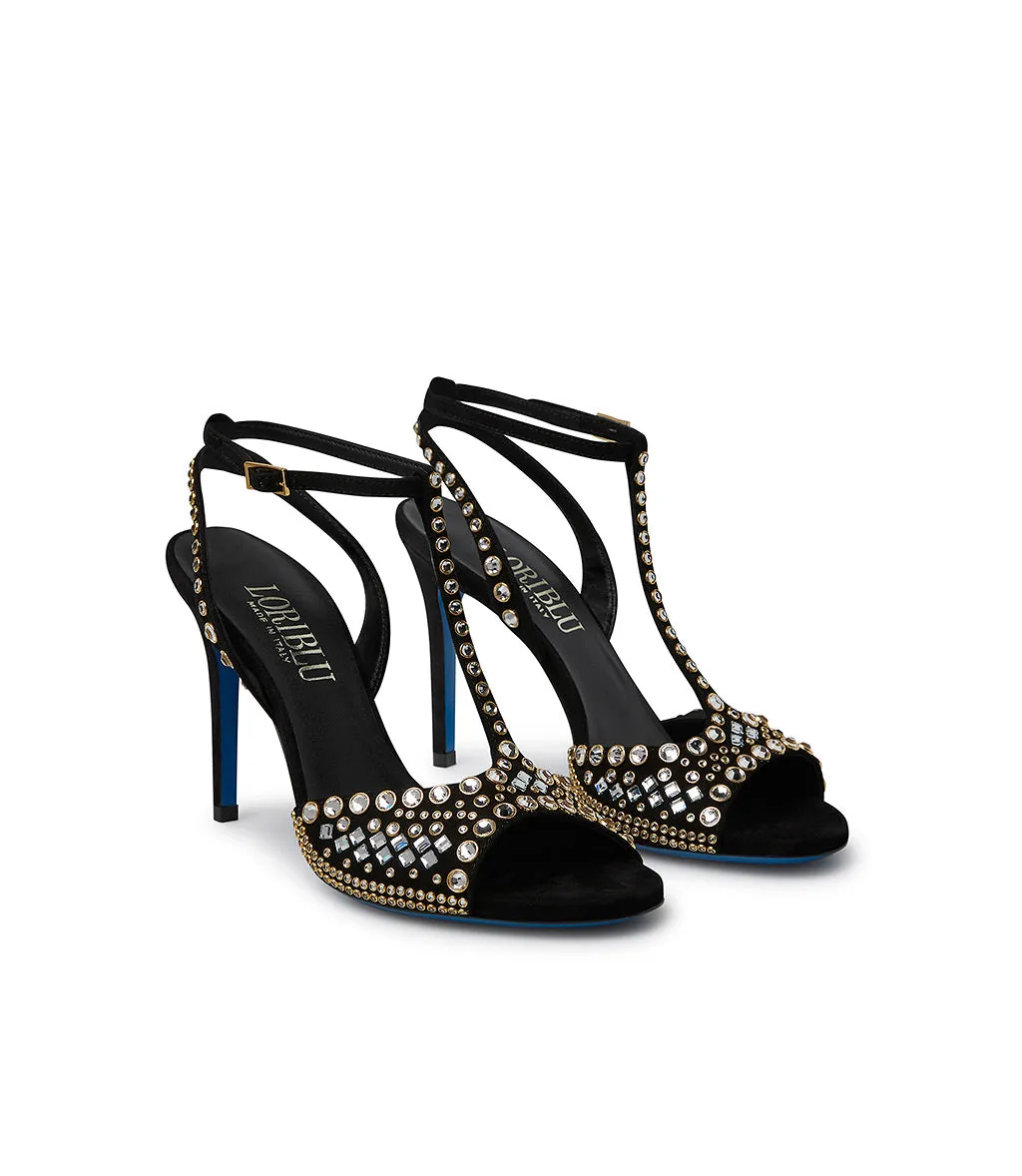  Black  satin and suede jewel sandal