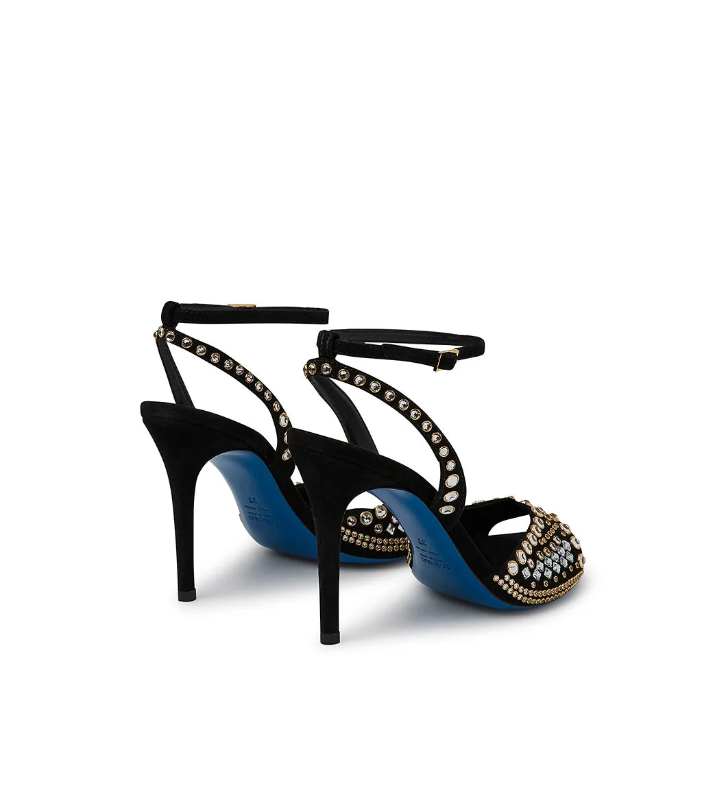  Black  satin and suede jewel sandal