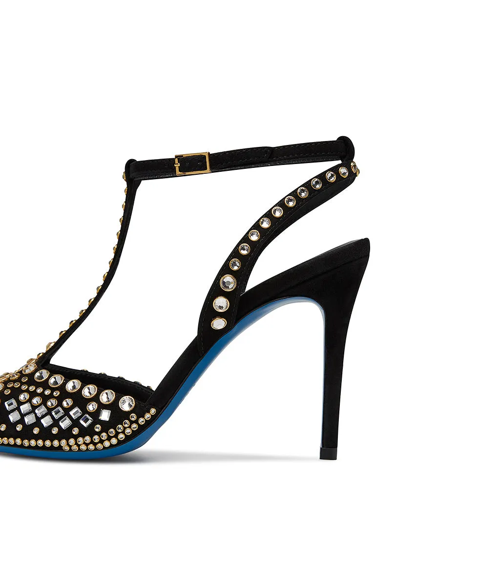  Black  satin and suede jewel sandal