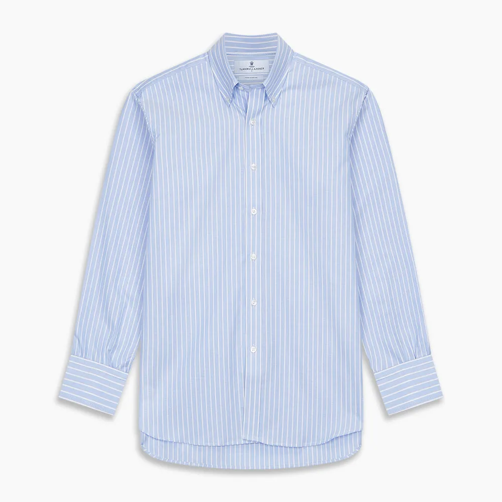 Blue and White Broad Stripe Oxford Weekend Fit Shirt with Dorset Collar and 1-Button Cuffs