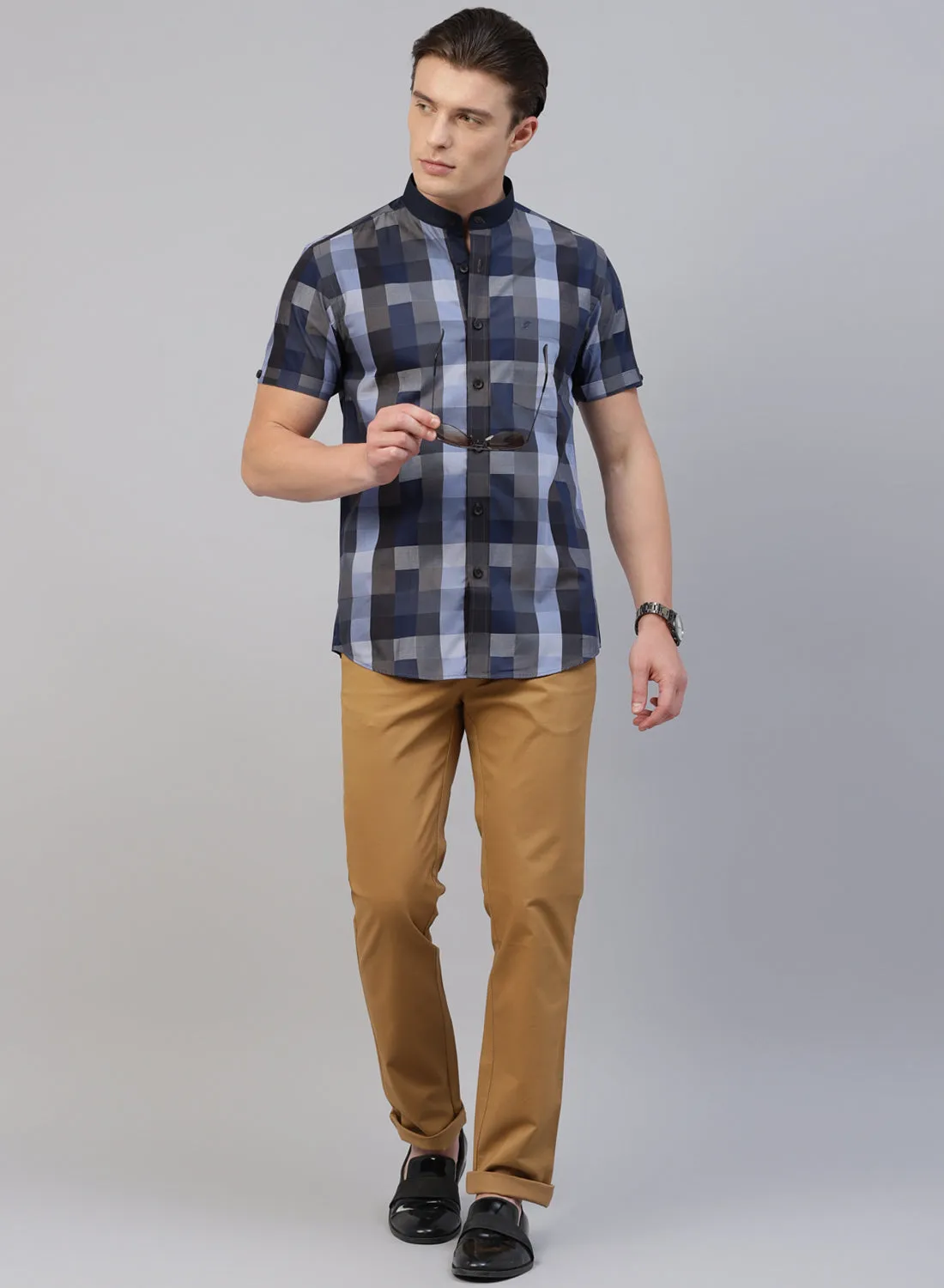 Blue Check Band Collar Half Sleeve Shirt