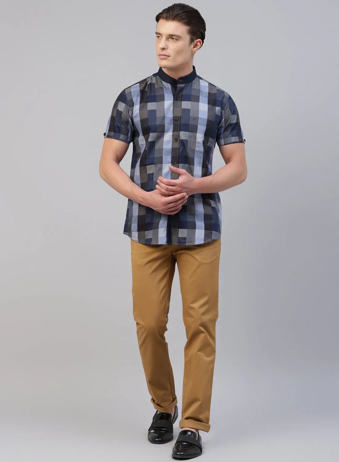Blue Check Band Collar Half Sleeve Shirt