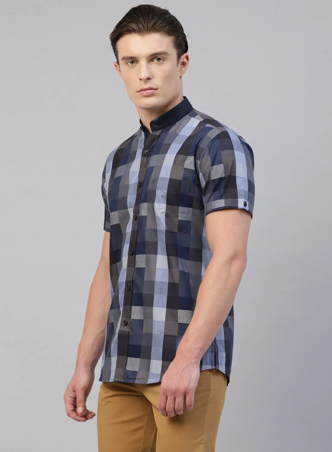 Blue Check Band Collar Half Sleeve Shirt