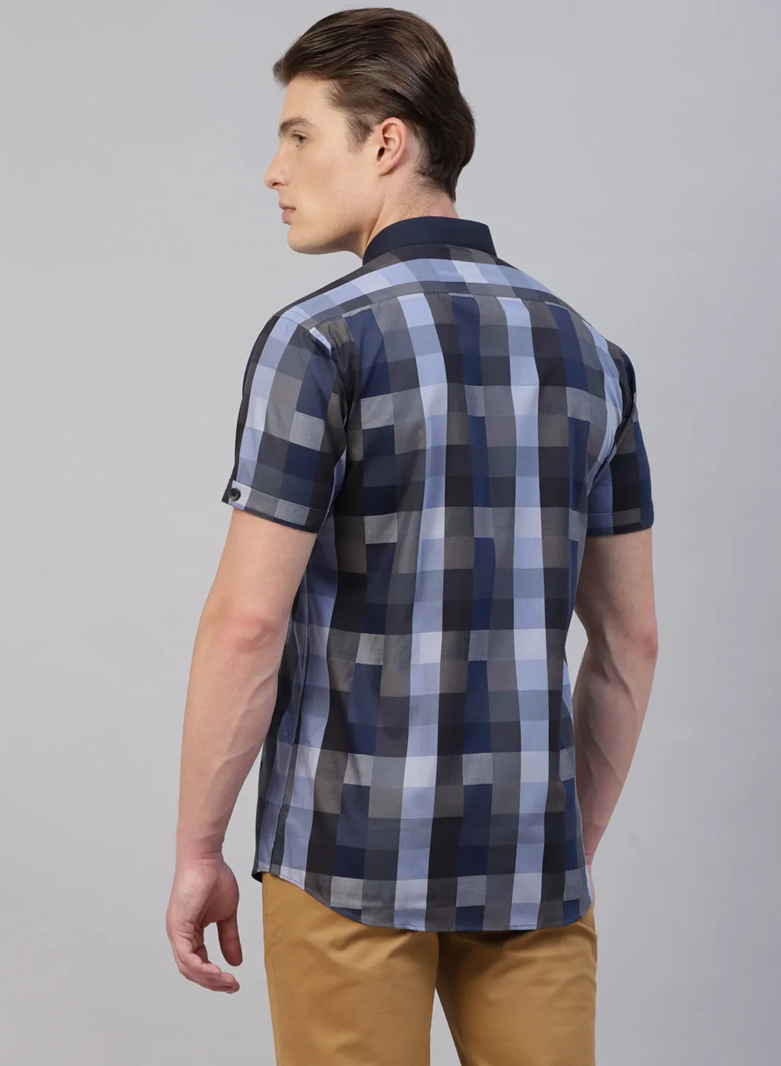 Blue Check Band Collar Half Sleeve Shirt