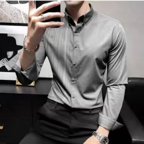 Bonsir Korean Fashion Spring Autumn Shirts Men Lapel Vertical Stripes Single Breasted Trend Luxury Smart Casual Long Sleeve Slim Tops
