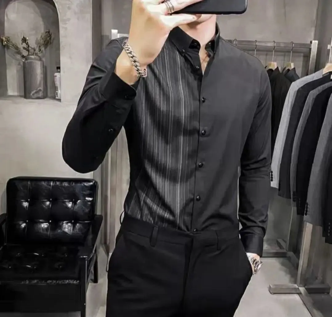Bonsir Korean Fashion Spring Autumn Shirts Men Lapel Vertical Stripes Single Breasted Trend Luxury Smart Casual Long Sleeve Slim Tops