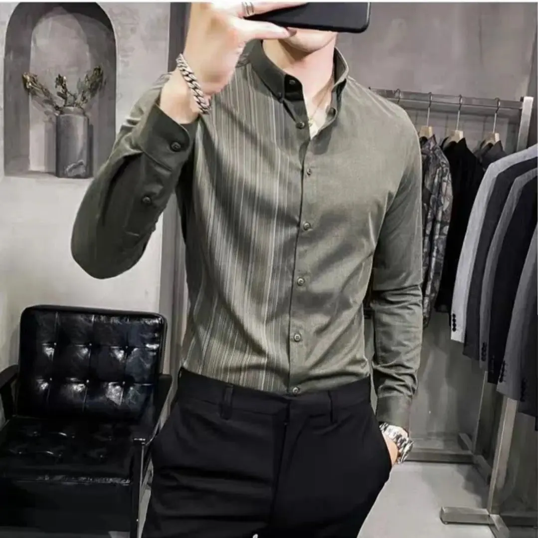 Bonsir Korean Fashion Spring Autumn Shirts Men Lapel Vertical Stripes Single Breasted Trend Luxury Smart Casual Long Sleeve Slim Tops