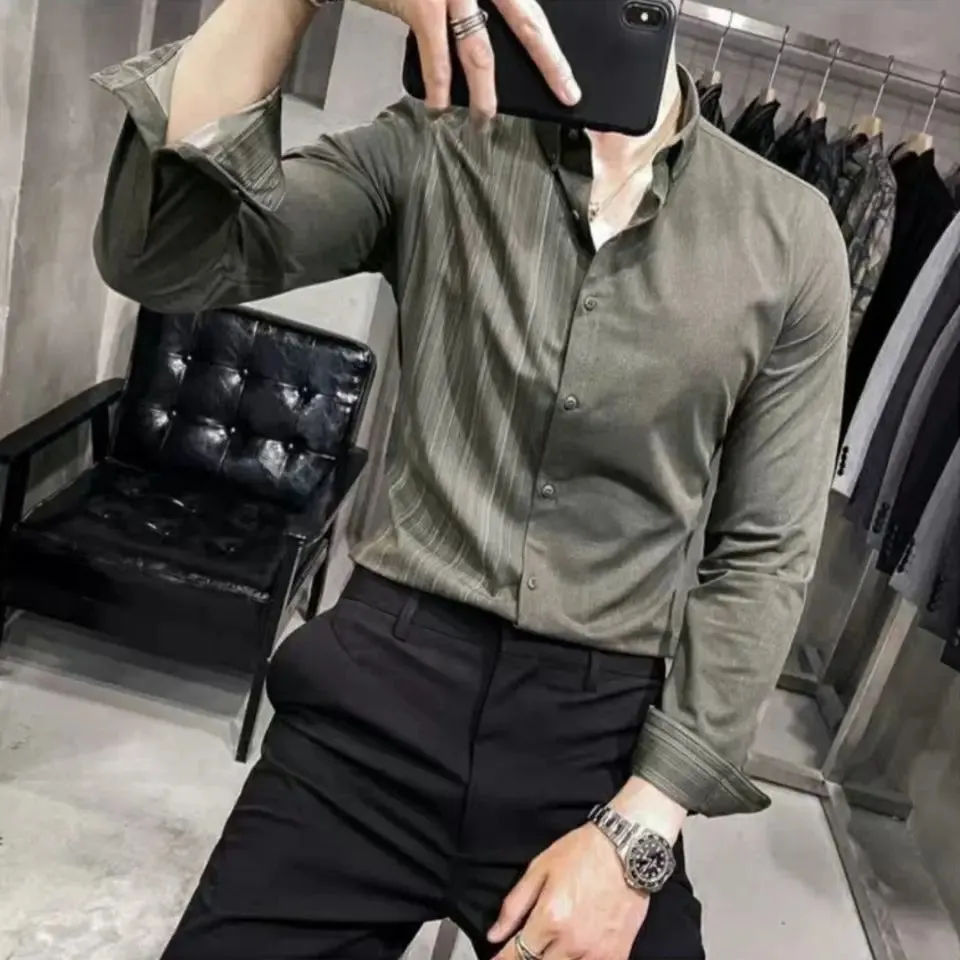Bonsir Korean Fashion Spring Autumn Shirts Men Lapel Vertical Stripes Single Breasted Trend Luxury Smart Casual Long Sleeve Slim Tops