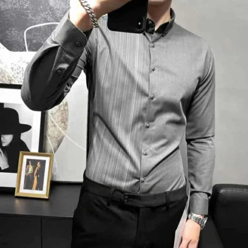 Bonsir Korean Fashion Spring Autumn Shirts Men Lapel Vertical Stripes Single Breasted Trend Luxury Smart Casual Long Sleeve Slim Tops