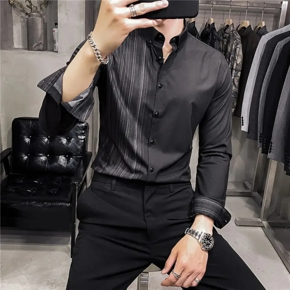 Bonsir Korean Fashion Spring Autumn Shirts Men Lapel Vertical Stripes Single Breasted Trend Luxury Smart Casual Long Sleeve Slim Tops