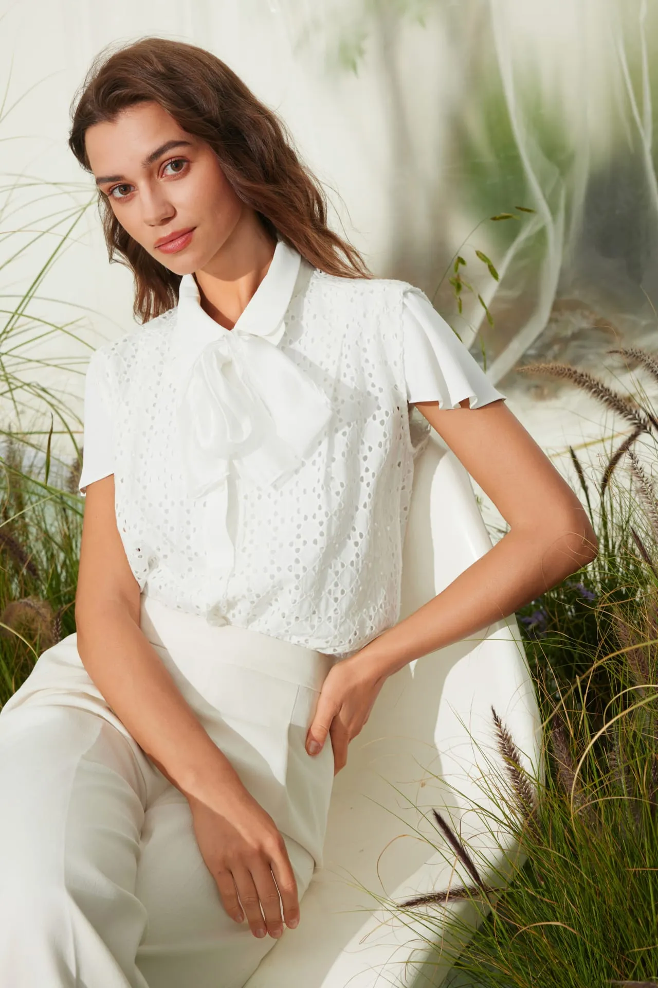 Cotton Eyelet Short Sleeve Casual Shirt