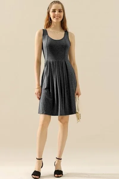 Doublju Full Size Round Neck Ruched Sleeveless Dress with Pockets