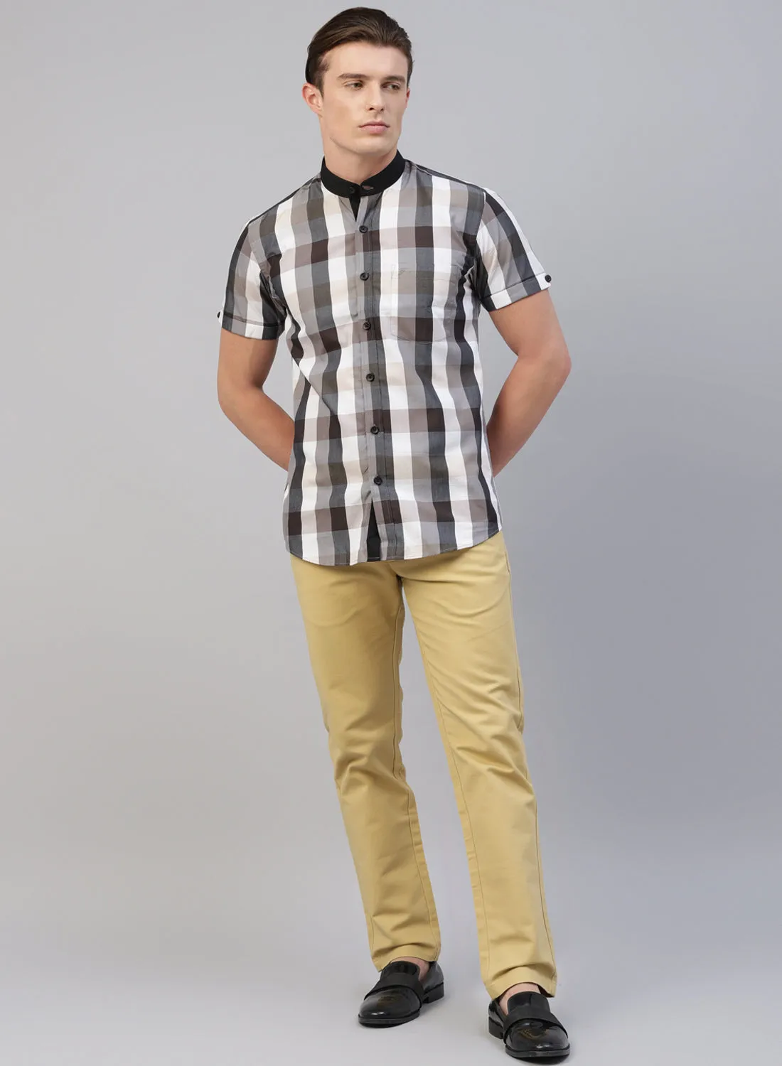 Grey Check Band Collar Half Sleeve Shirt