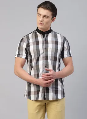 Grey Check Band Collar Half Sleeve Shirt