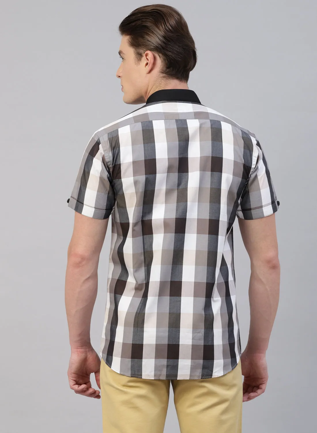 Grey Check Band Collar Half Sleeve Shirt