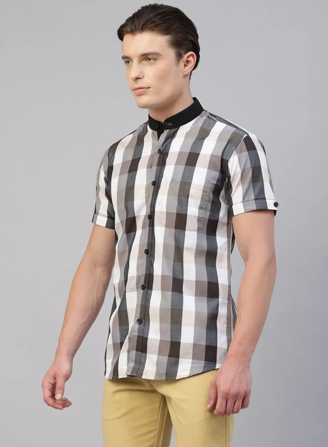 Grey Check Band Collar Half Sleeve Shirt