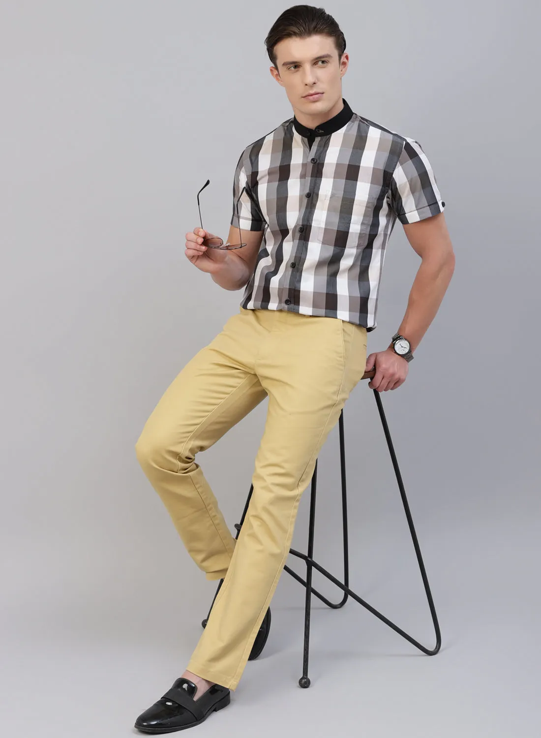 Grey Check Band Collar Half Sleeve Shirt