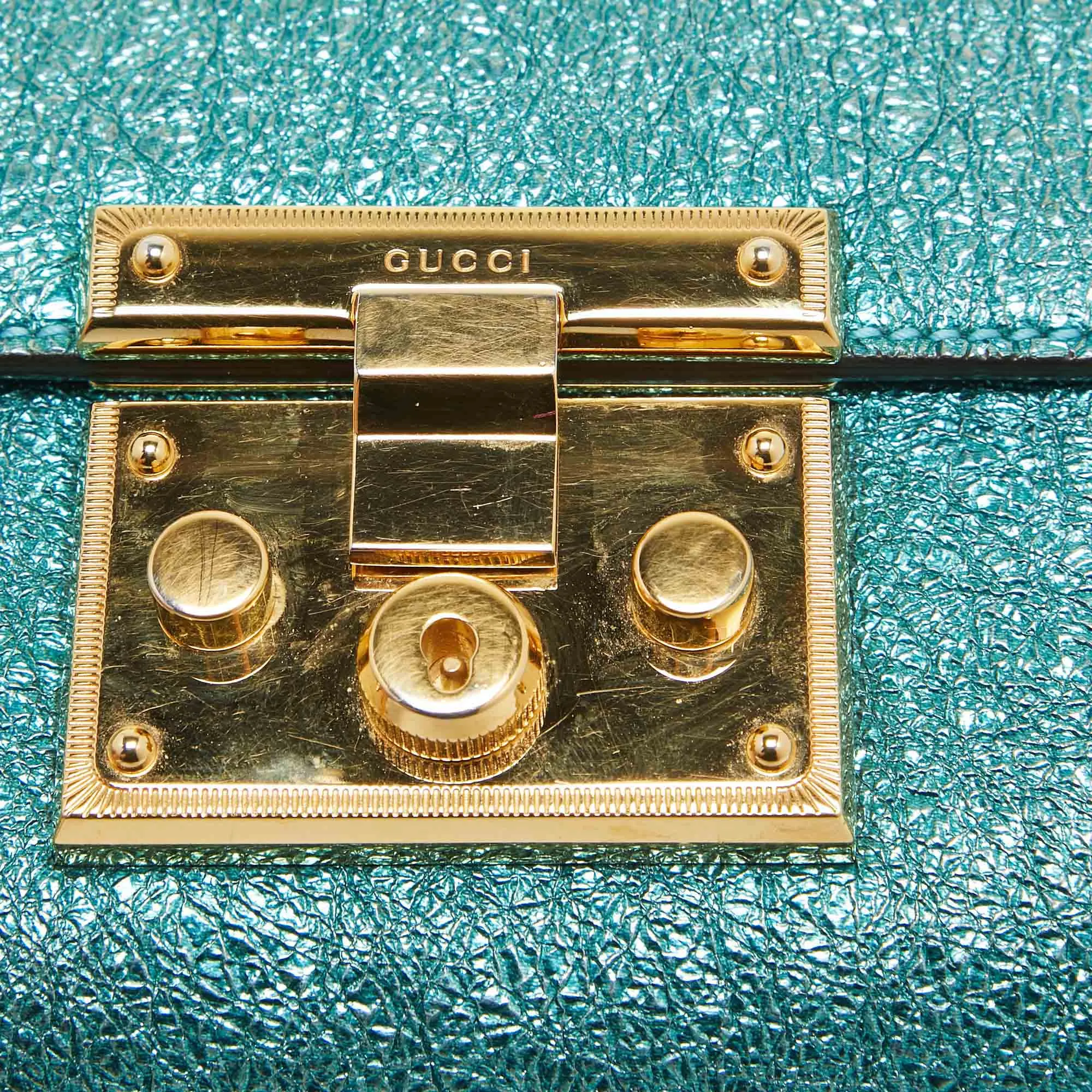 Gucci Metallic Teal Crinkled Leather Small Padlock Shoulder Bag