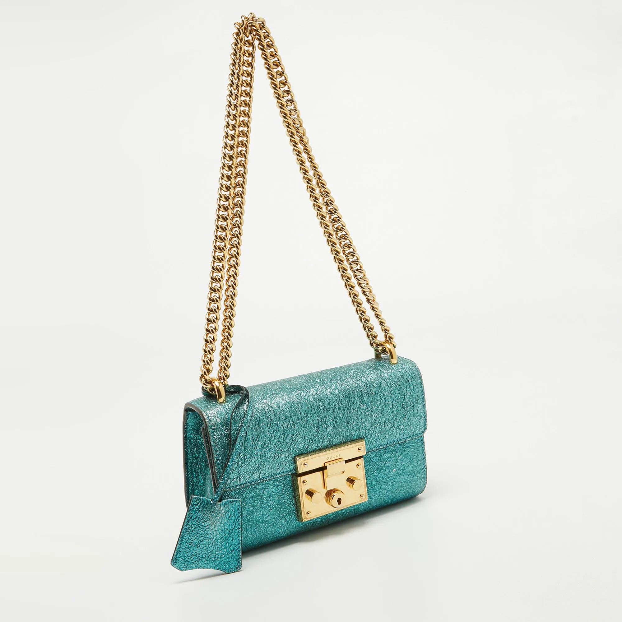 Gucci Metallic Teal Crinkled Leather Small Padlock Shoulder Bag