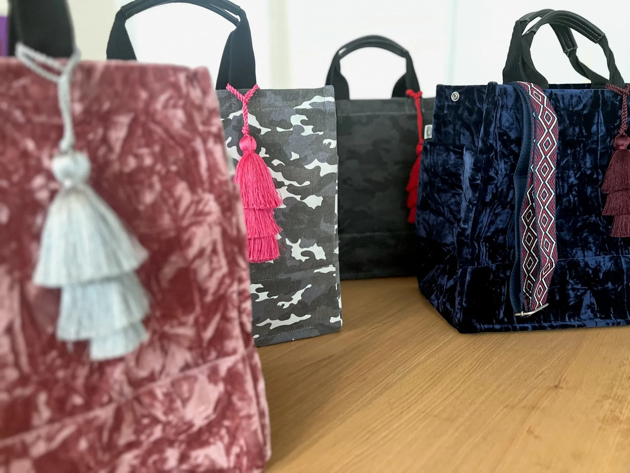 Holiday Bundle: Pink Velvet Luxe North South Bag   FREE Silver Tassel   FREE Black/Silver Stripe Strap