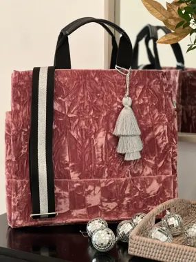 Holiday Bundle: Pink Velvet Luxe North South Bag   FREE Silver Tassel   FREE Black/Silver Stripe Strap
