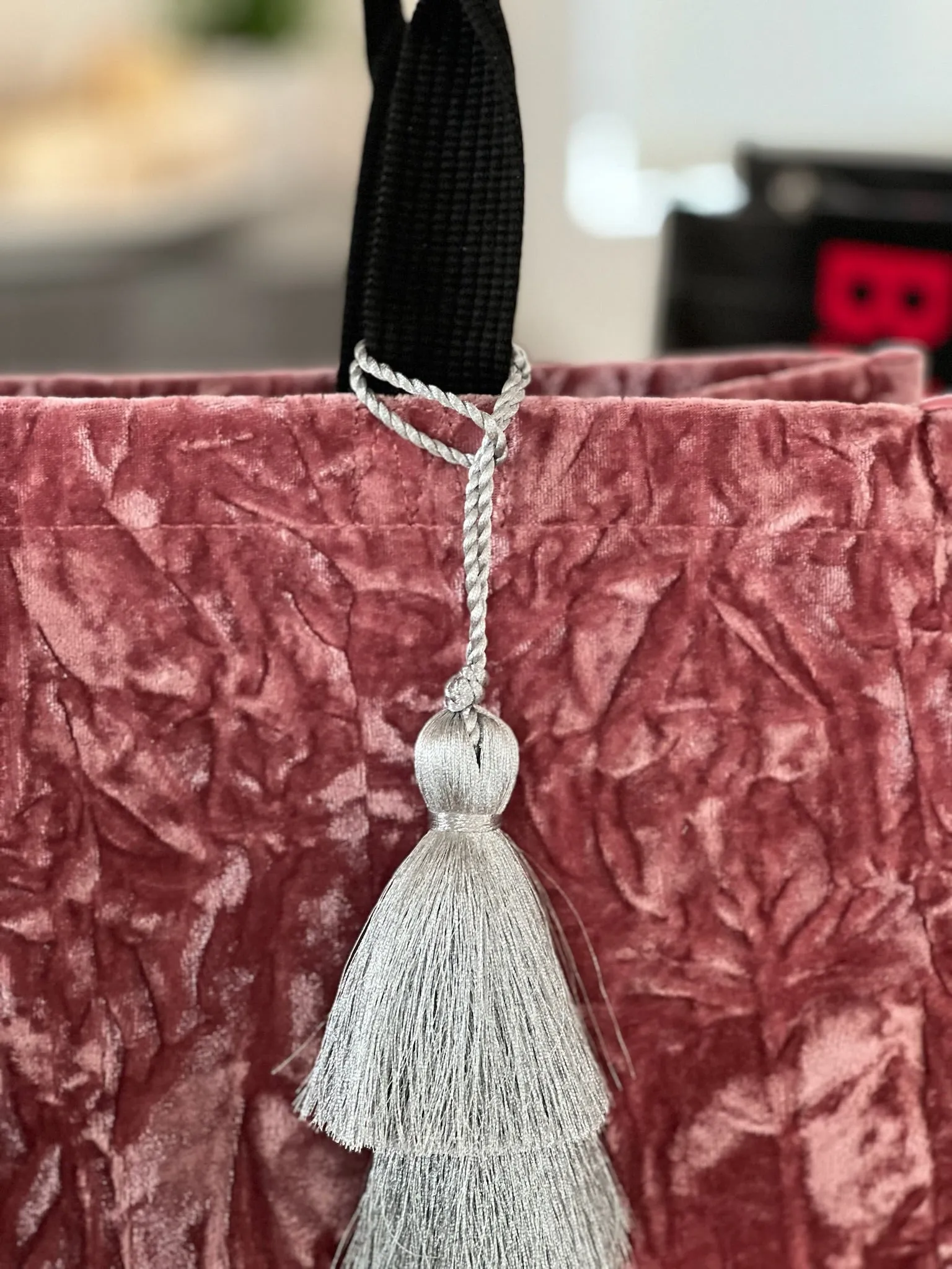 Holiday Bundle: Pink Velvet Luxe North South Bag   FREE Silver Tassel   FREE Black/Silver Stripe Strap