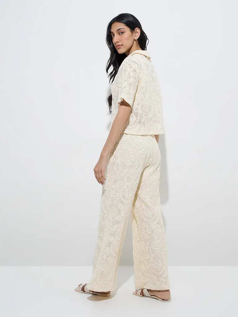 LOV Off-White Floral Lace Design Cotton Shirt