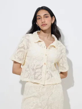 LOV Off-White Floral Lace Design Cotton Shirt