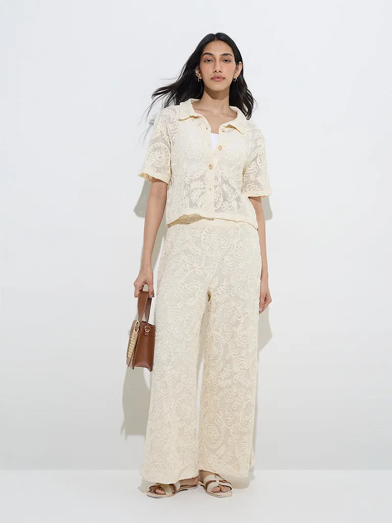 LOV Off-White Floral Lace Design Cotton Shirt