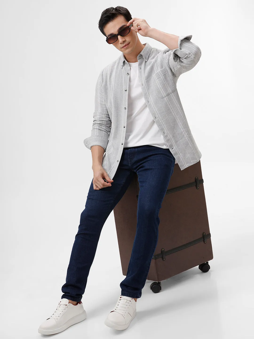 Men's Tuna White-Grey Striped Cotton Slim Fit Full Sleeves Spread Collar Casual Shirt